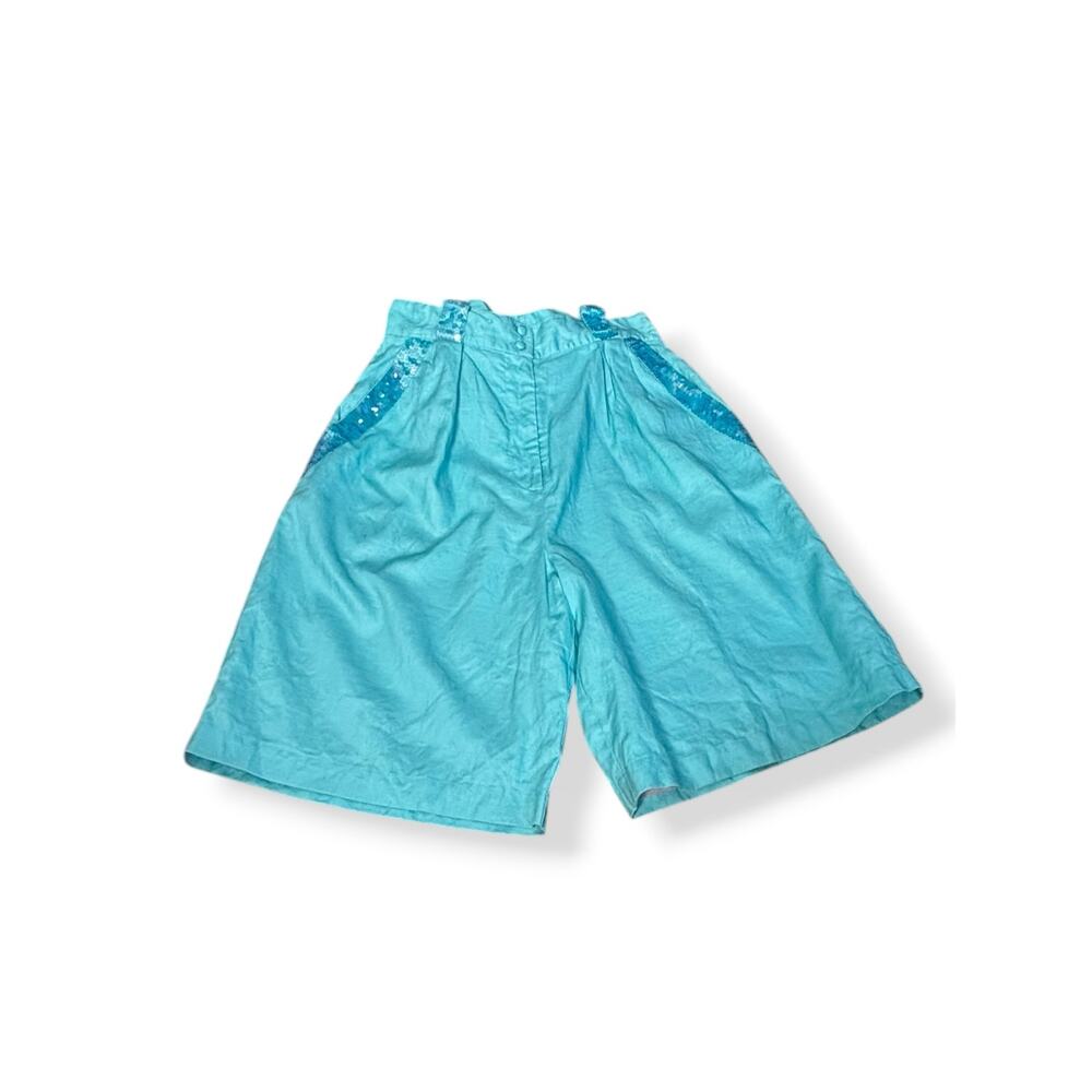 Vintage Aqua Linen Sequin Trim Shorts High Waist Pleated Walking Shorts Mermaid